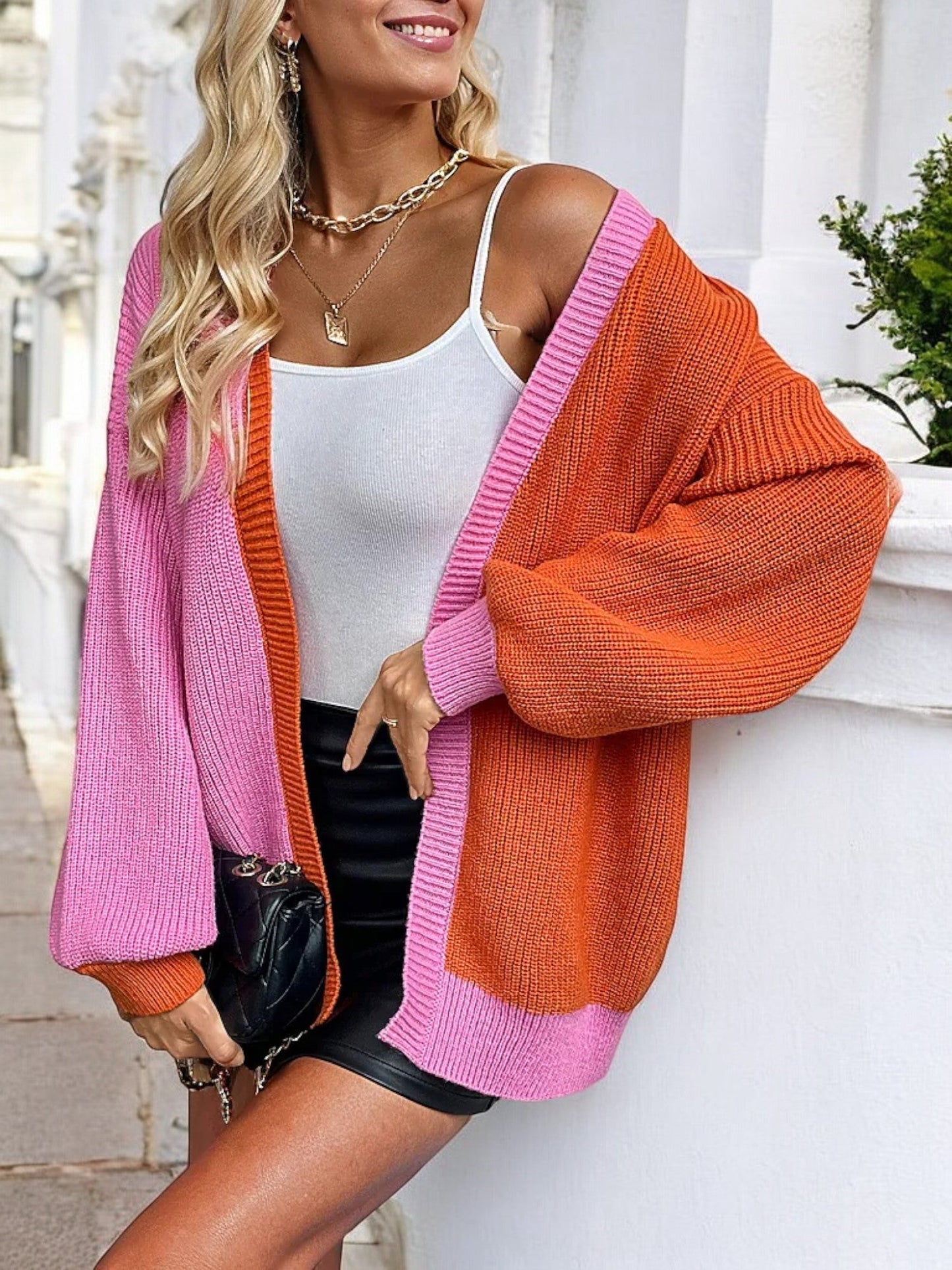 Women's Color Block Open Front Cardigan with Long Sleeves and Oversized Fit