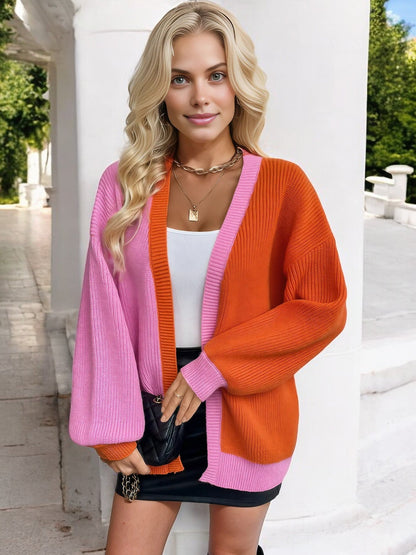 Women's Color Block Open Front Cardigan with Long Sleeves and Oversized Fit