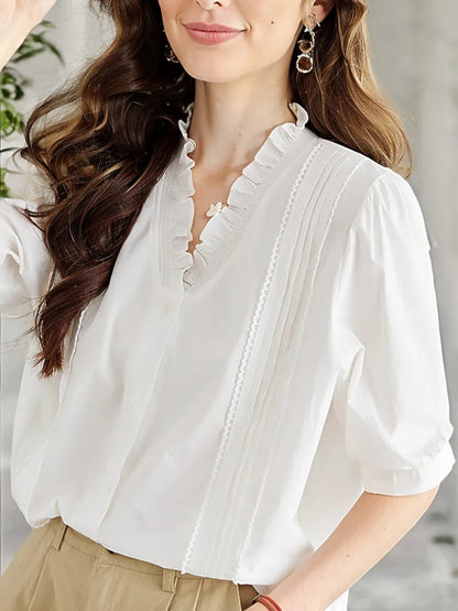 Women's Ruffle Trim V-Neck Blouse with Puff Sleeves and Lace Detailing