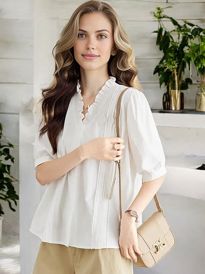 Women's Ruffle Trim V-Neck Blouse with Puff Sleeves and Lace Detailing