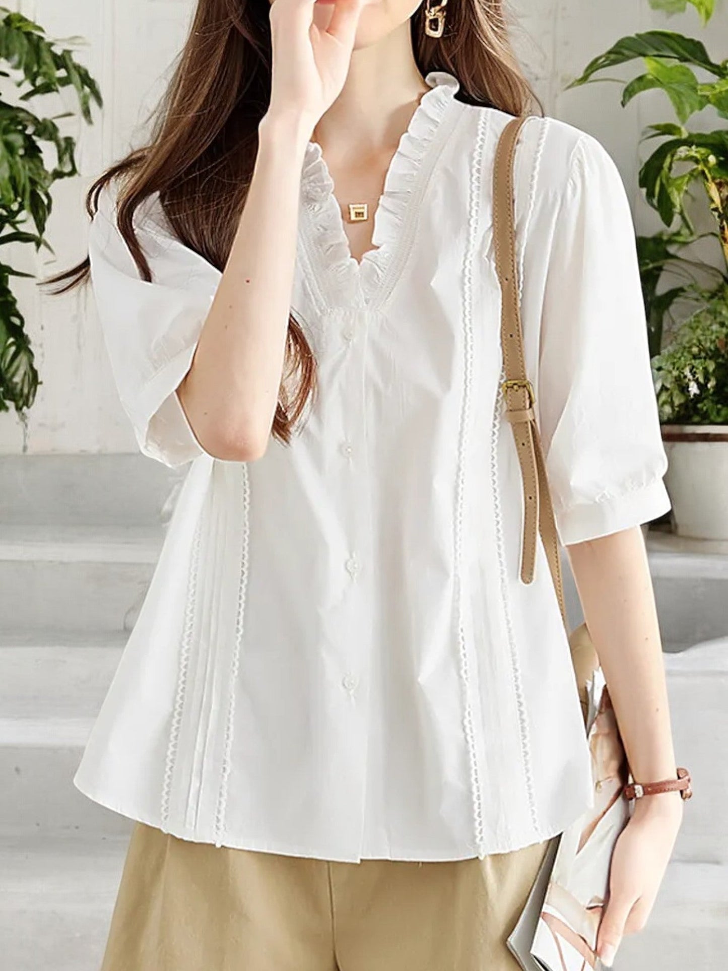 Women's Ruffle Trim V-Neck Blouse with Puff Sleeves and Lace Detailing