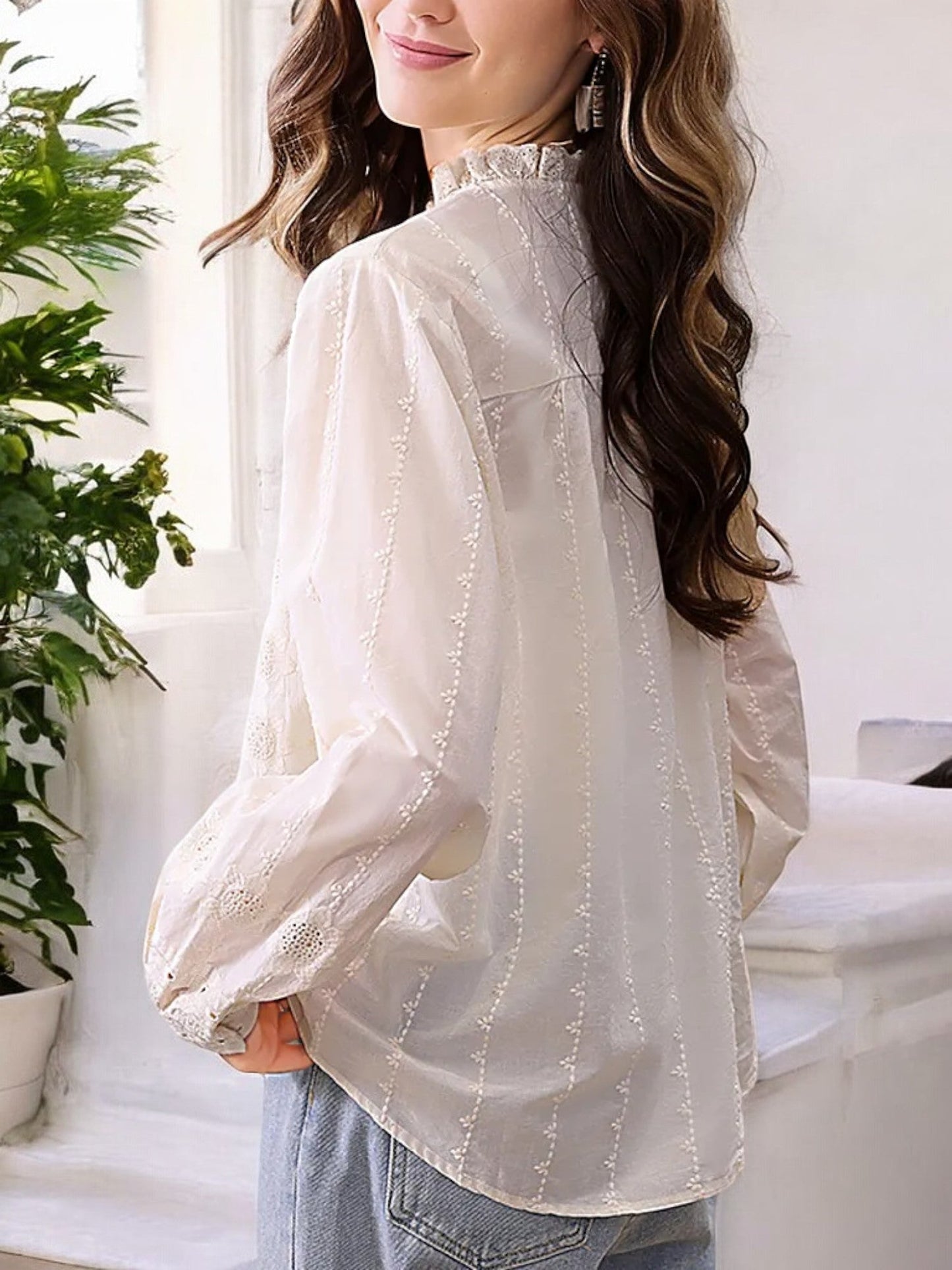 Women's Long Sleeve Eyelet Lace Blouse with Ruffled Neckline and Button Detailing