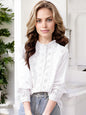 Women's Long Sleeve Eyelet Lace Blouse with Ruffled Neckline and Button Detailing