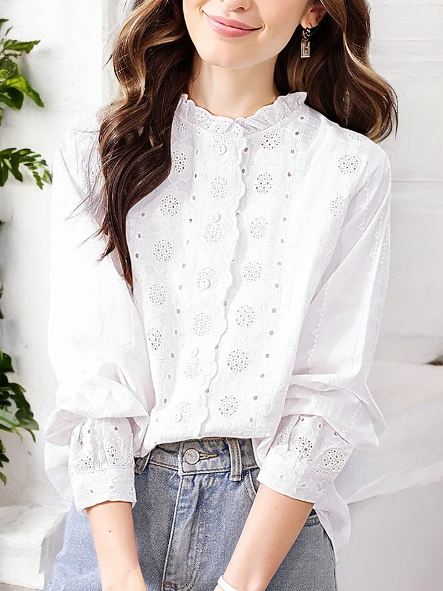 Women's Long Sleeve Eyelet Lace Blouse with Ruffled Neckline and Button Detailing