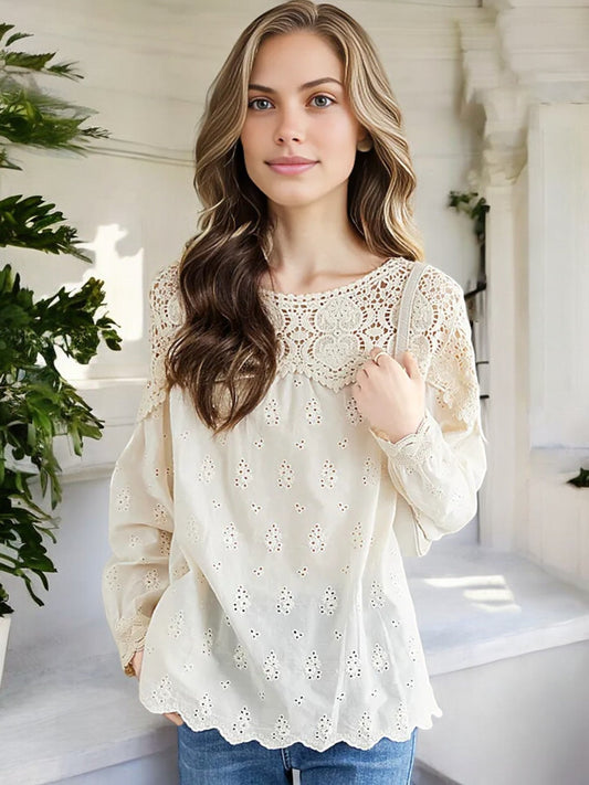 Women's Long Sleeve Eyelet Lace Blouse with Crochet Yoke and Scalloped Hem