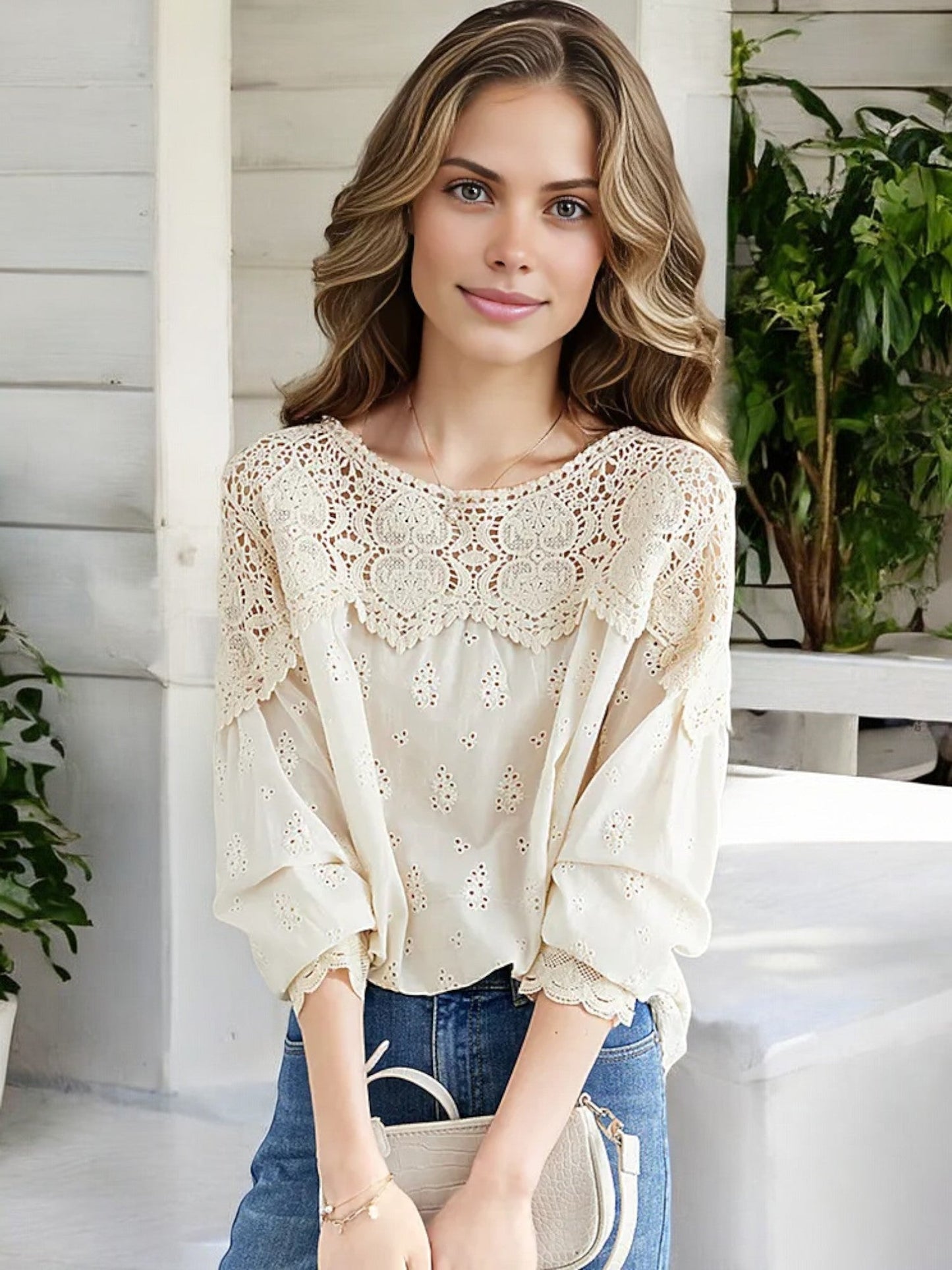 Women's Long Sleeve Eyelet Lace Blouse with Crochet Yoke and Scalloped Hem