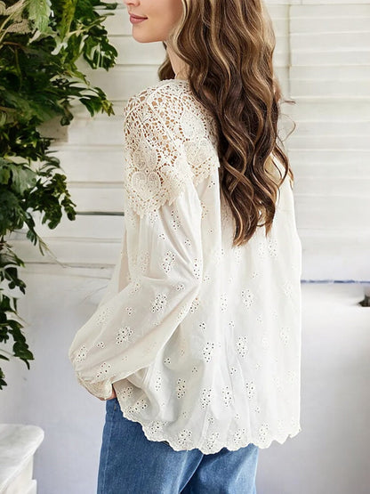 Women's Long Sleeve Eyelet Lace Blouse with Crochet Yoke and Scalloped Hem