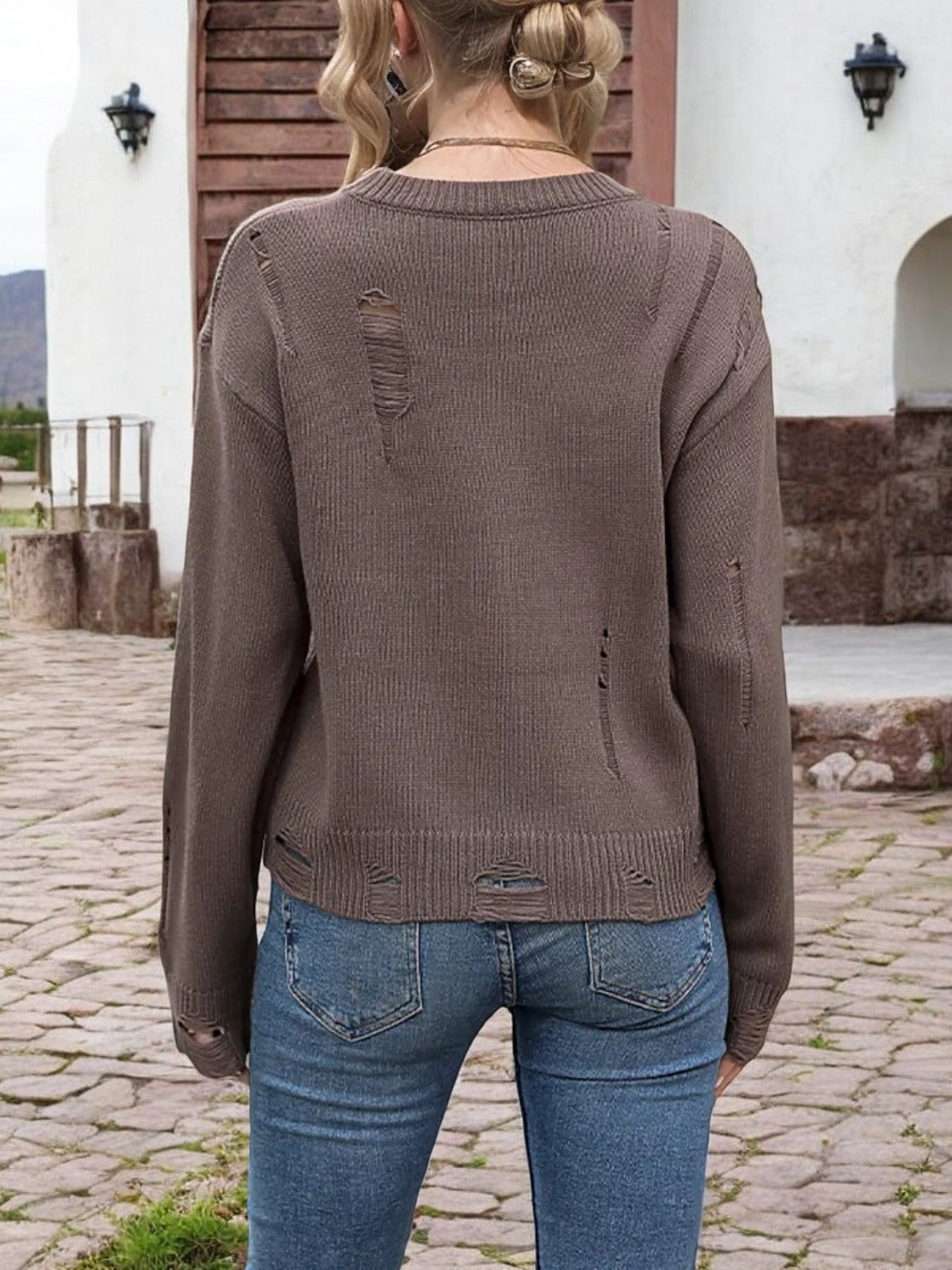 Women's Distressed Knit Sweater with Long Sleeves and Casual Fit