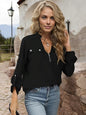 Women's Zipper Front Roll-Tab Sleeve Blouse with Chest Pockets