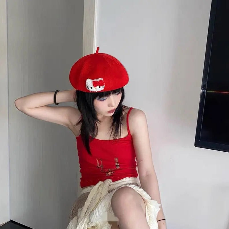 Free Shipping For 'Jingle Kat' Red Kawaii Goth Beret