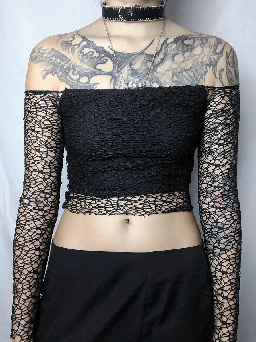 Free Shipping For 'Jungle' Goth Hollow Out Shoulder-Off Top