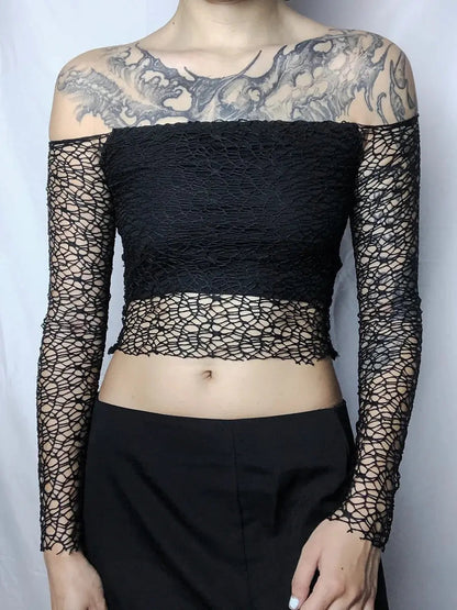 Free Shipping For 'Jungle' Goth Hollow Out Shoulder-Off Top