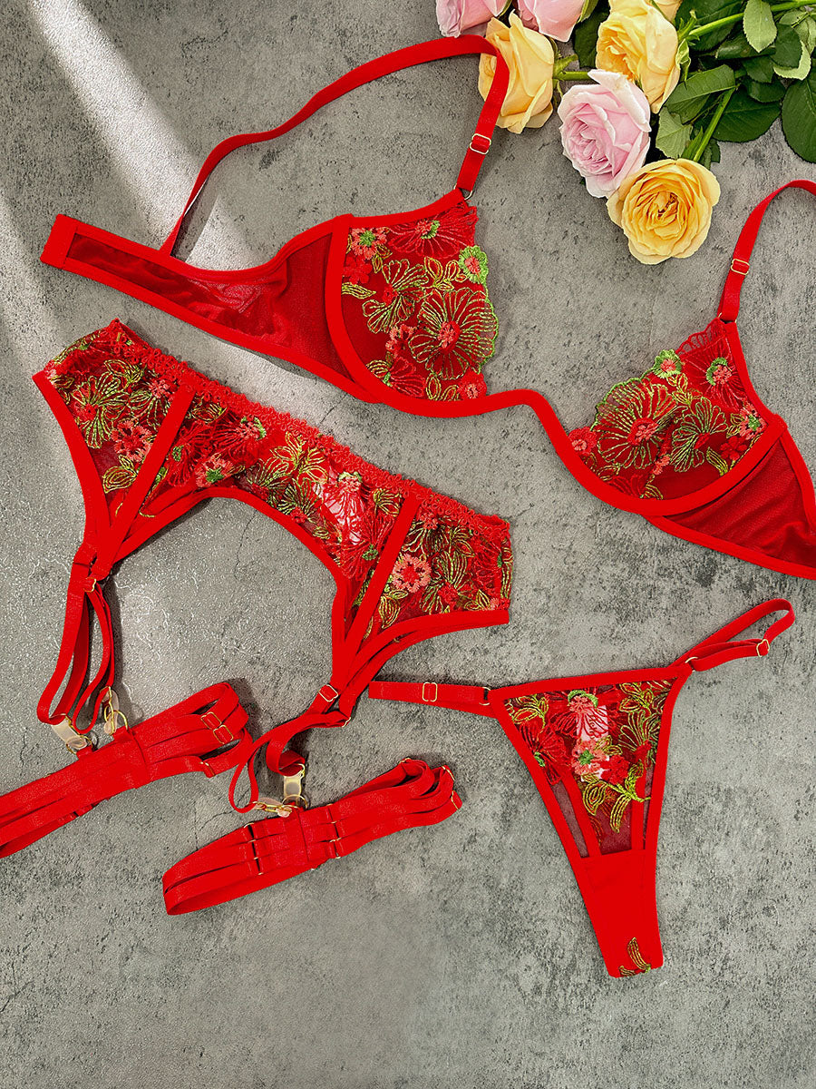 Free Shipping For  Red Flowers Embroidered Mesh Sheer Lingerie Set