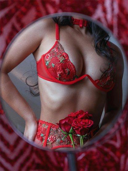 Free Shipping For  Red Flowers Embroidered Mesh Sheer Lingerie Set