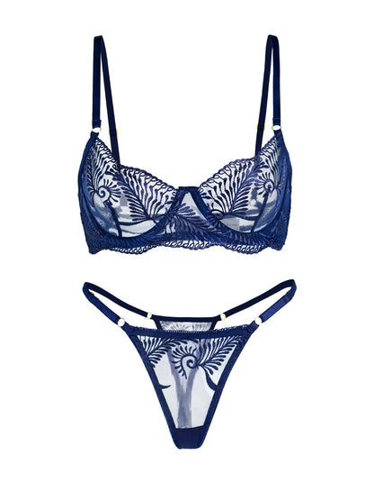 Free Shipping For  Blue  Elegant Essence Embroidery Lingerie Set