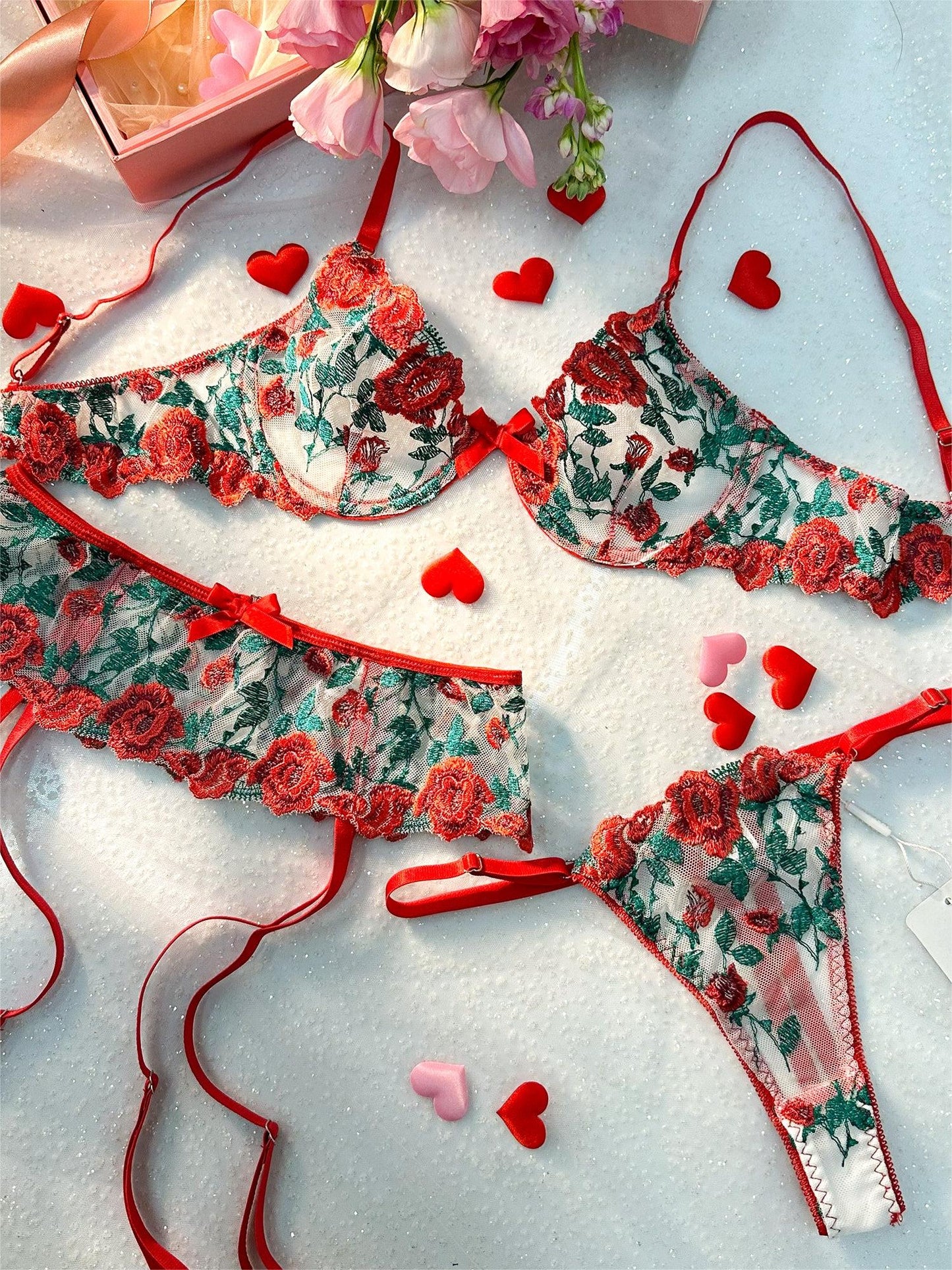 Free Shipping For Exquisite Rose Embroidery Sexy Lingerie Set