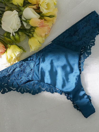 Free Shipping For Blue  Lace Satin Mesh Push-Up Sexy Lingerie Set