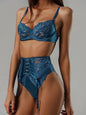 Free Shipping For Blue  Lace Satin Mesh Push-Up Sexy Lingerie Set