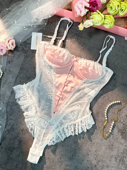 Free Shipping For  Pink&White Sexy Lace Bodysuit