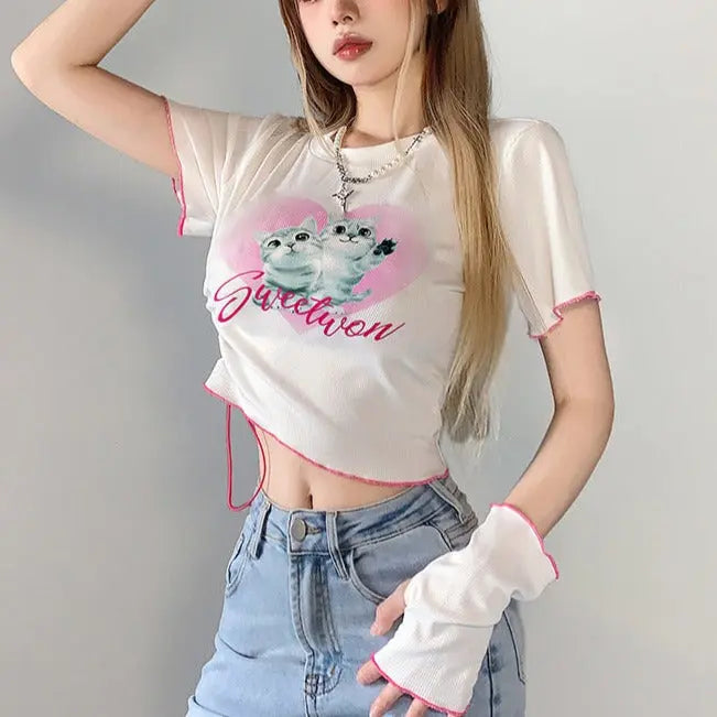 Free Shipping For 'Kitten' E-girl Cat Pattern Short Sleeves Top