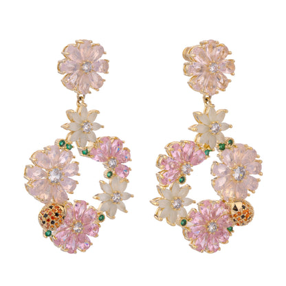 Free Shipping For Golden Plated Pink Flower Circle Drop Earrings