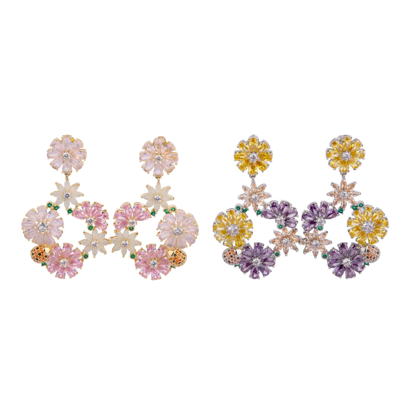 Free Shipping For Golden Plated Pink Flower Circle Drop Earrings