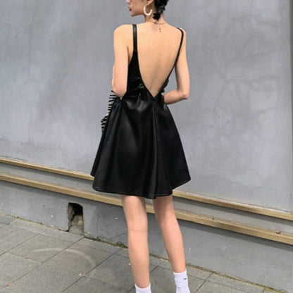 Free Shipping For 'Lash Up' PU Leather Hollow Out Backless Dress