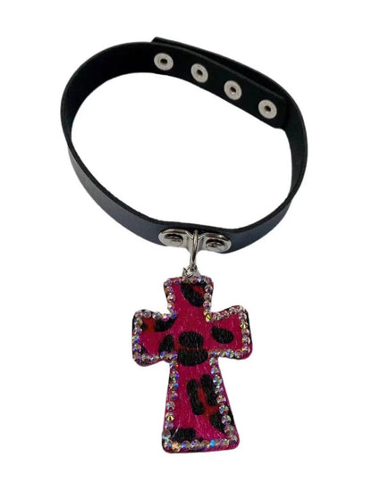 Free Shipping For 'Rebel Leopard' Print Rhinestone Cross Choker