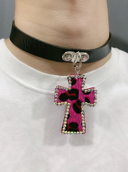 Free Shipping For 'Rebel Leopard' Print Rhinestone Cross Choker