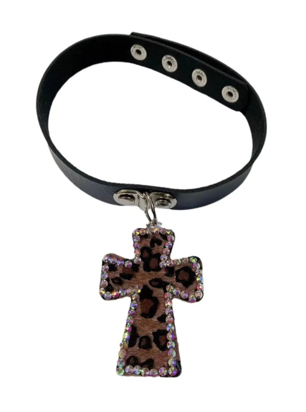 Free Shipping For 'Rebel Leopard' Print Rhinestone Cross Choker