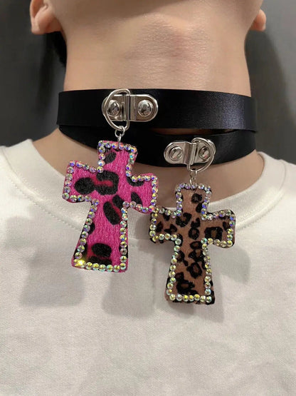 Free Shipping For 'Rebel Leopard' Print Rhinestone Cross Choker