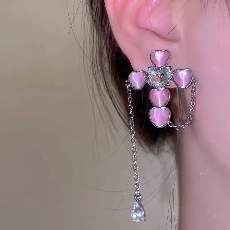 Free Shipping For 'Love on top' Opal Pink Heart Cross Earring