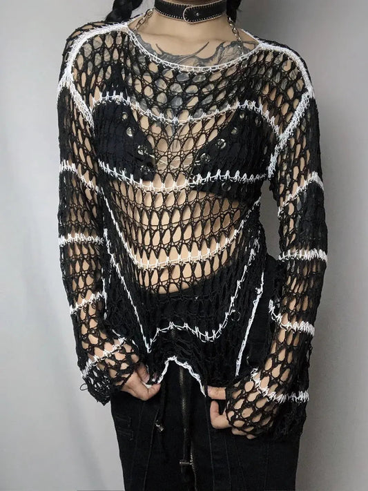 Free Shipping For 'Lust' Black & White Ripped Goth Sweater