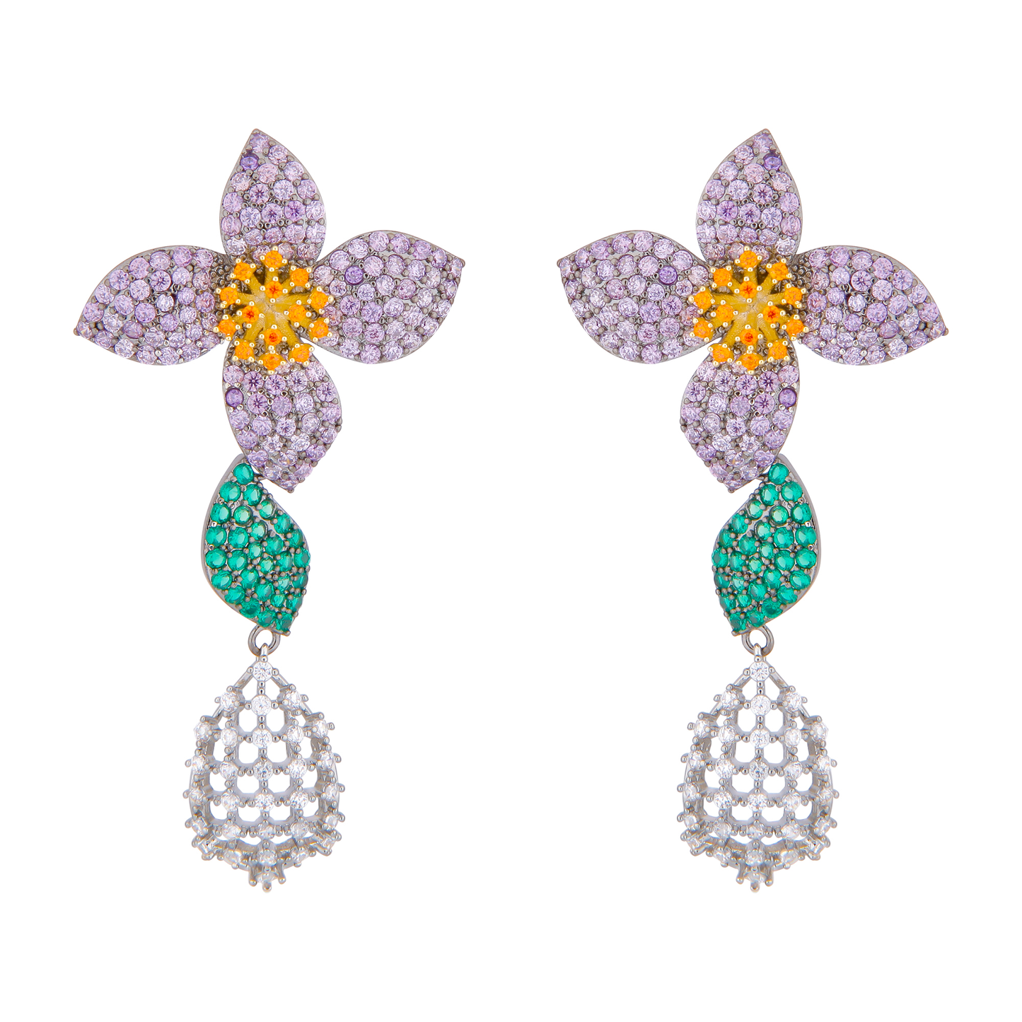 Free Shipping For Golden Plated Glamorous Colorful CZ Pave Flower Earrings