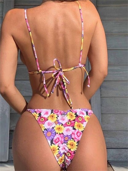 Free Shipping For Floral Printed Strappy Backless Sexy Bikini Set