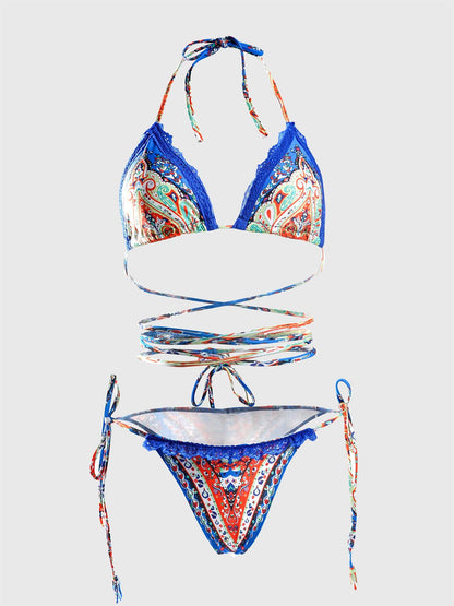 Free Shipping For Blue printed strappy sexy lace bikini set