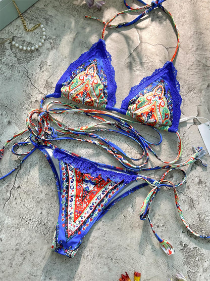 Free Shipping For Blue printed strappy sexy lace bikini set