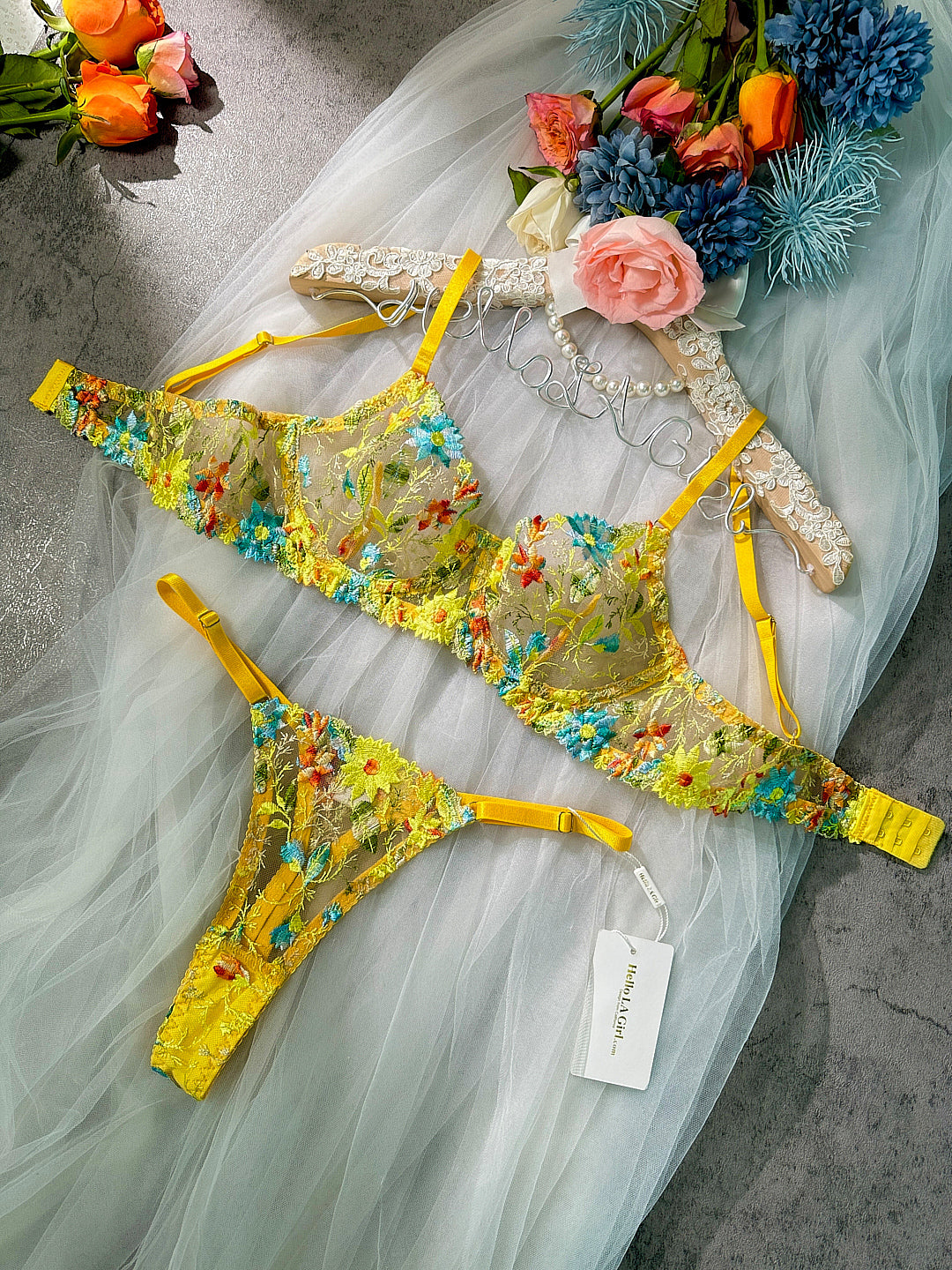 Free Shipping For  Yellow Flowers Embroidery Lingerie Set 2PC