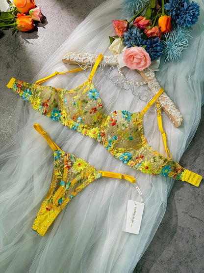 Free Shipping For  Yellow Flowers Embroidery Lingerie Set 2PC