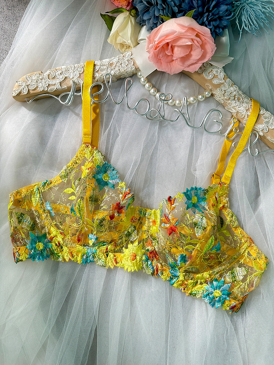 Free Shipping For  Yellow Flowers Embroidery Lingerie Set 2PC