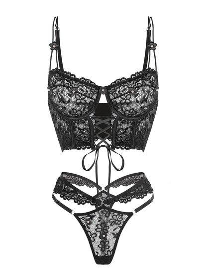 Free Shipping For Black Pearls Small Flower Lace Lingerie Set