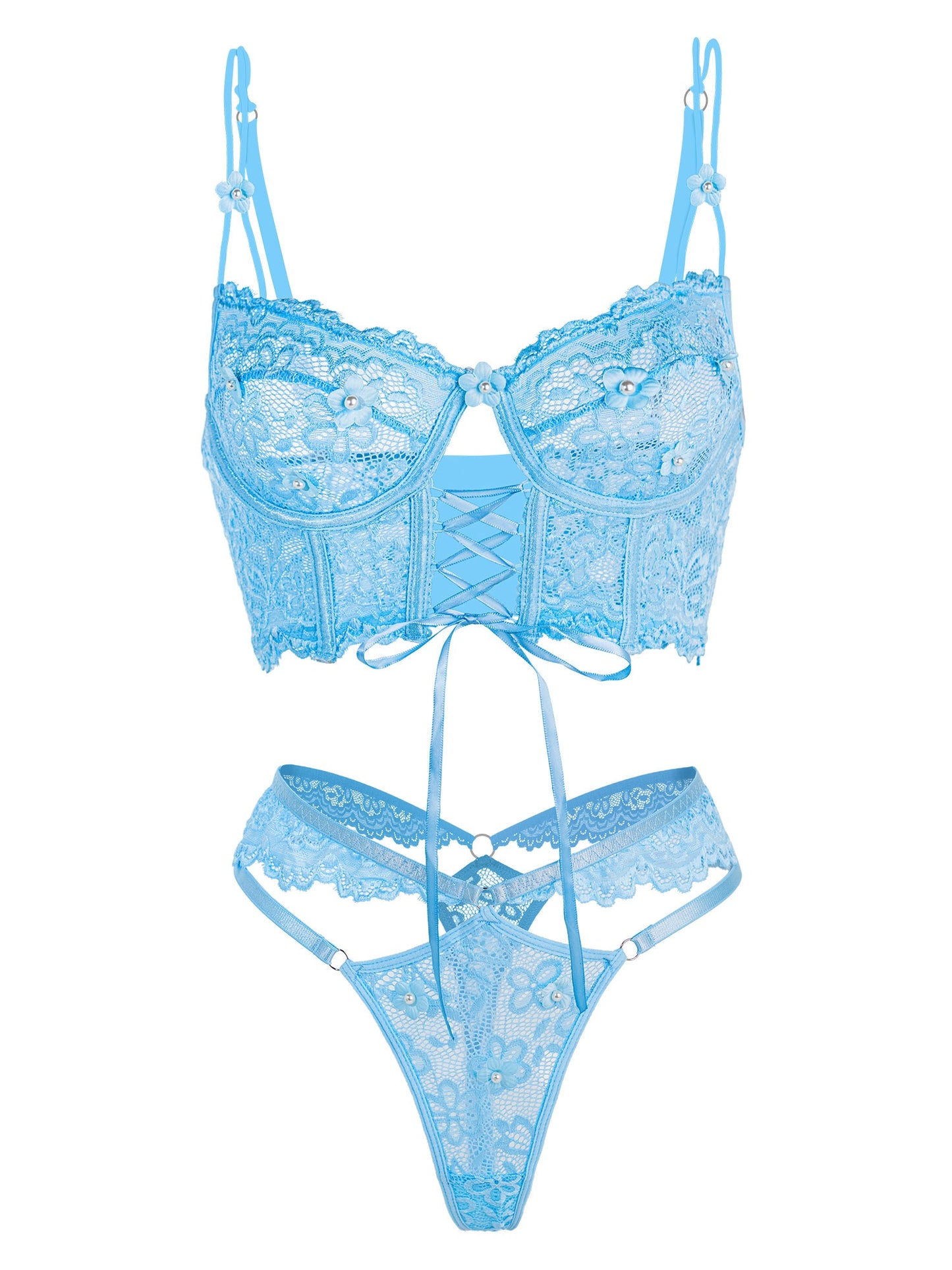 Free Shipping For Blue Pearls Small Flower Lace Lingerie Set