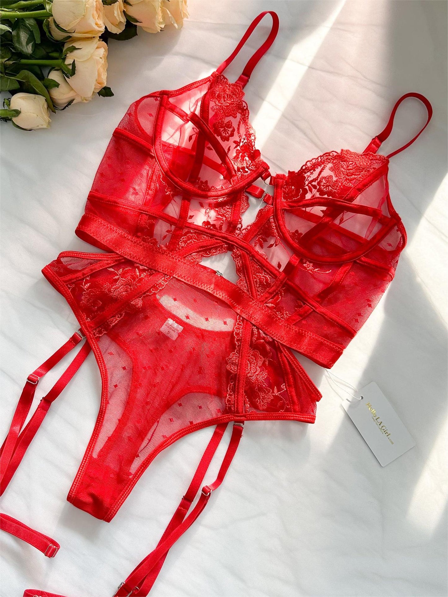 Free Shipping For  Red Solid Elegant Embroidered Lace Bodysuit