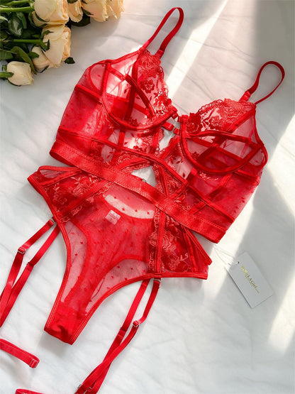 Free Shipping For  Red Solid Elegant Embroidered Lace Bodysuit