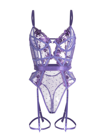 Free Shipping For  Purple Solid Elegant Embroidered Lace Bodysuit