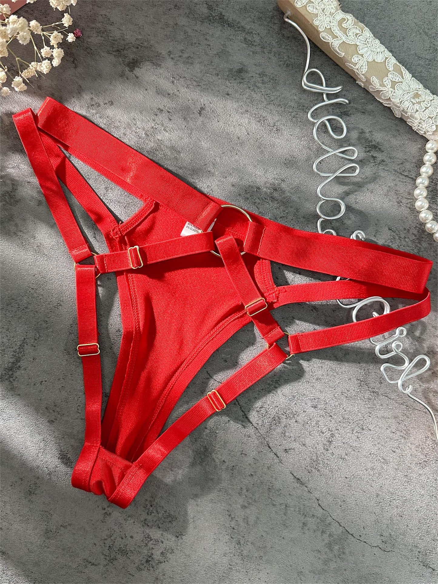 Free Shipping For  Red Sexy Elastic Tie Front Buckle Lingerie Set