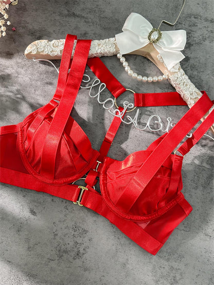 Free Shipping For  Red Sexy Elastic Tie Front Buckle Lingerie Set