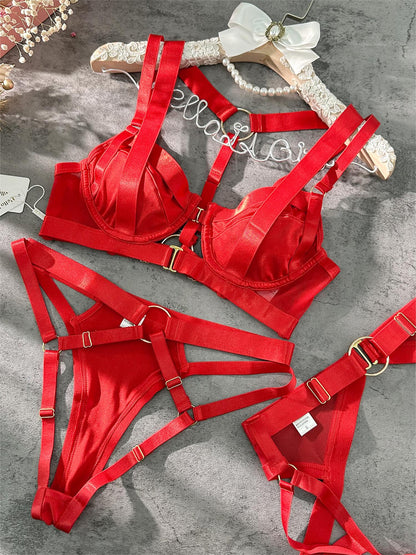 Free Shipping For  Red Sexy Elastic Tie Front Buckle Lingerie Set