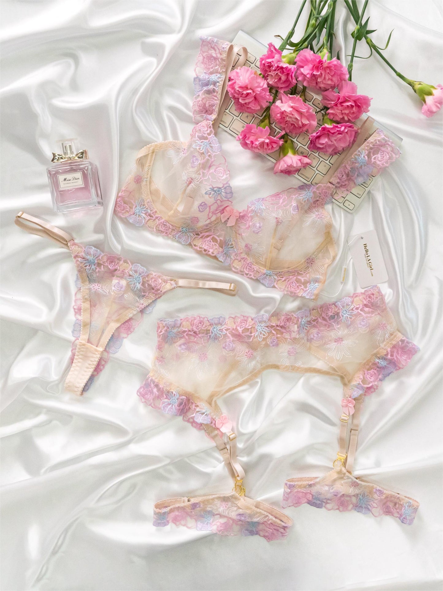 Free Shipping For Floral Embroideried Straps Ruffle Trim Lingerie Set