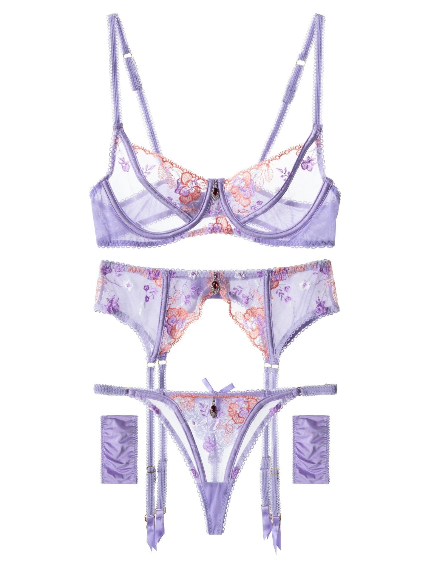 Free Shipping For Purple Luxury Mesh See Through 3pc Lingerie Set